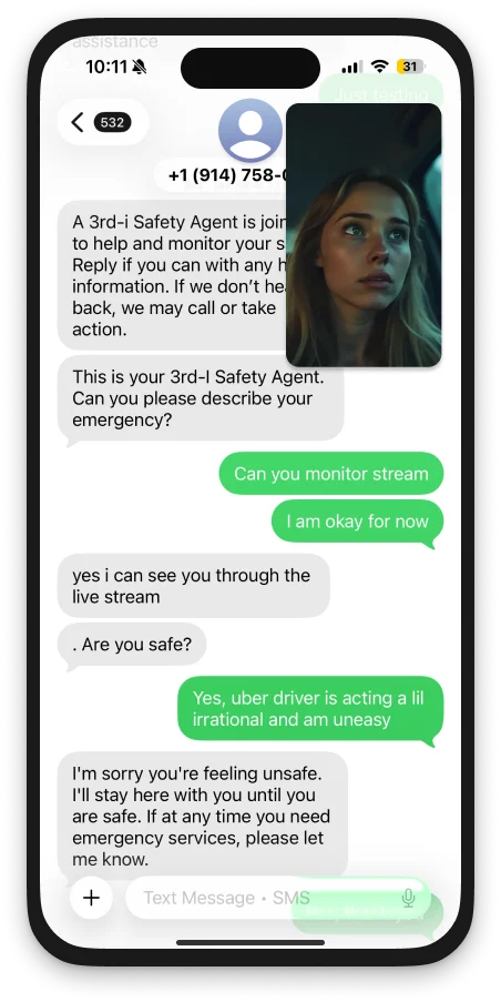 Texting with a 3rd-i Safety Agent in Messages while the live stream keeps running in a picture in picture window