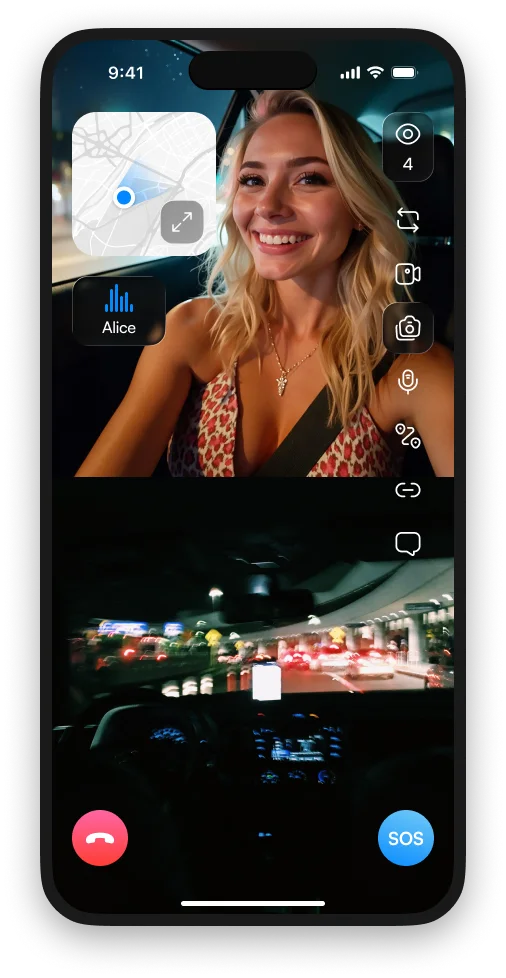 A live 3rd-i stream in dual camera mode from the back of a rideshare: front and rear cameras at once, live location on the map, viewers watching and SOS one tap away
