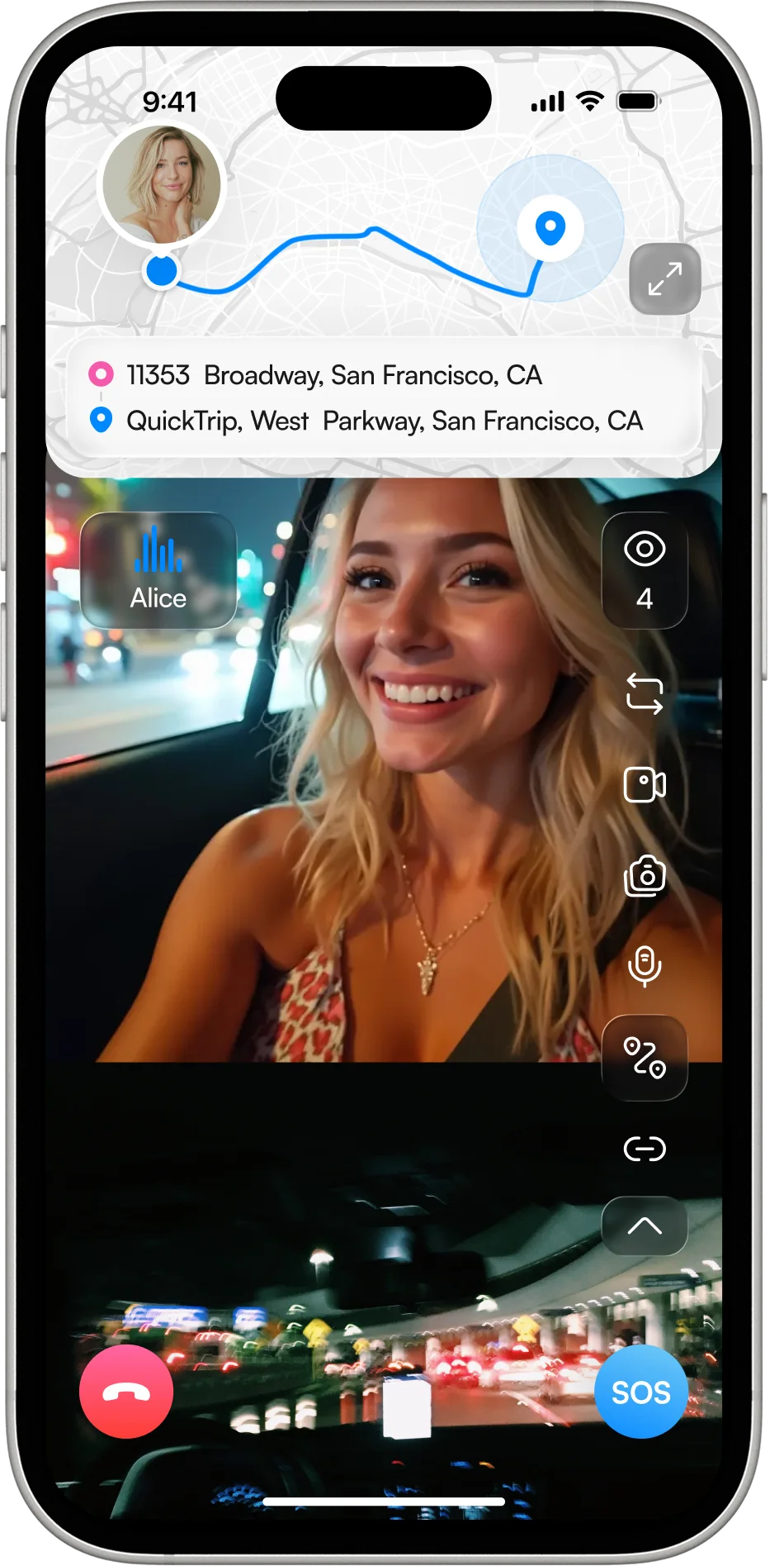 Dual camera in Trip Mode: the route header on top, the rider's face and the road ahead streaming together