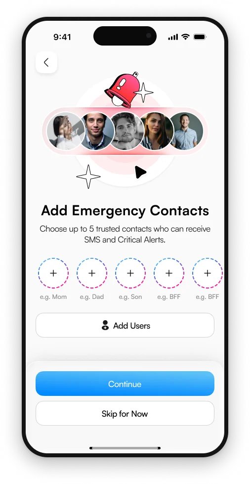 The Add Emergency Contacts screen in 3rd-i: choose up to 5 trusted contacts who receive SMS and critical alerts