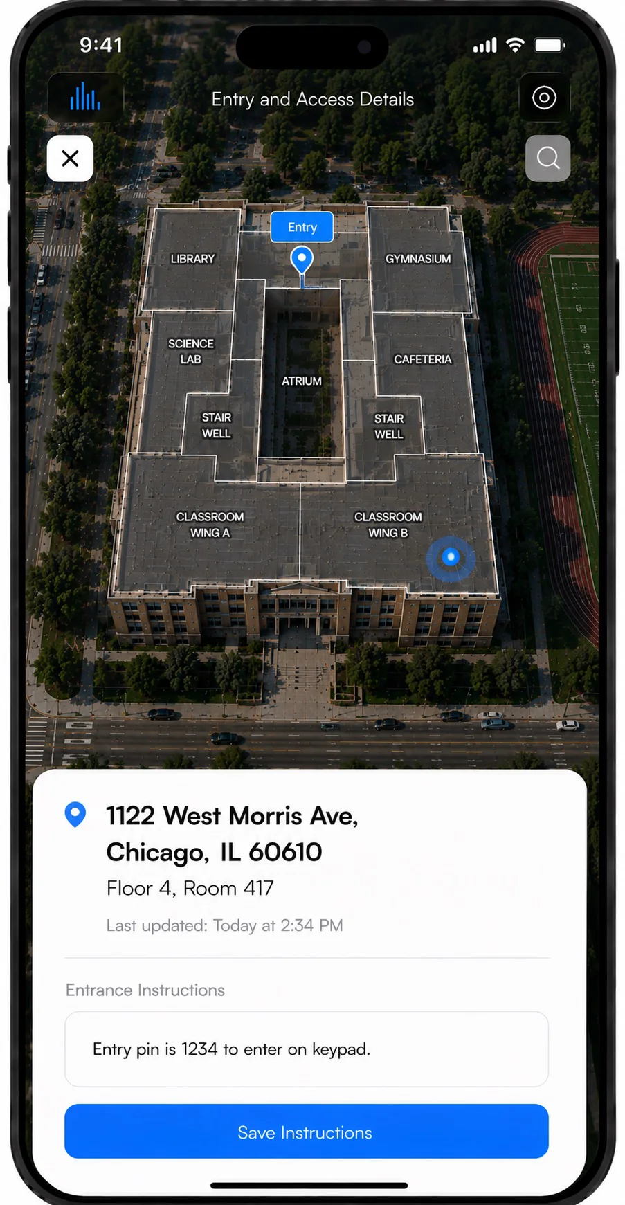 Entry and Access Details in 3rd-i: a pin dragged to the exact door on a satellite map, with entrance instructions