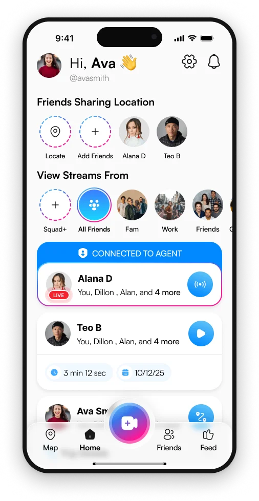 The 3rd-i home screen with friends sharing location and a stream connected to a Safety Agent