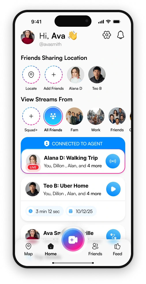 The 3rd-i home screen: friends sharing location, the Squads you can stream to, and a live trip connected to a Safety Agent