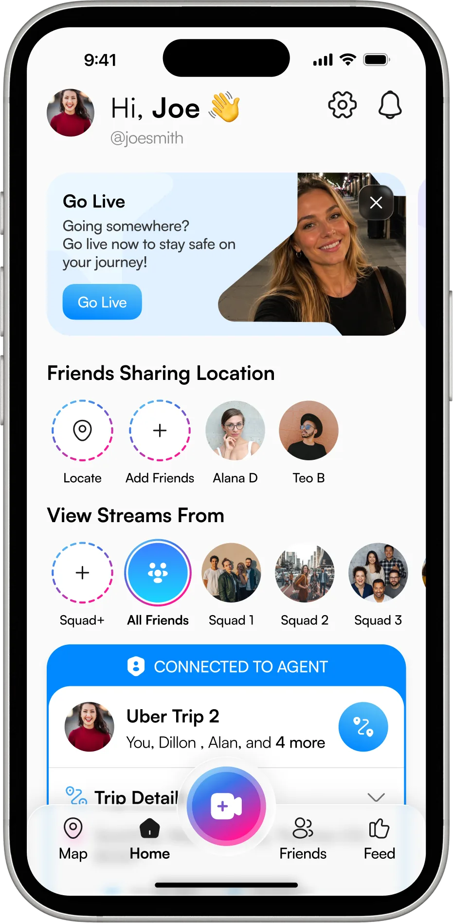 The 3rd-i home screen: a Go Live card, the friends sharing their location, your squads, and a trip already connected to a Safety Agent
