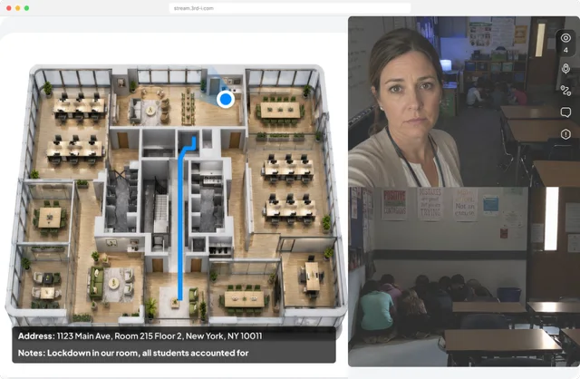 The responder view at stream.3rd-i.com: the building floor plan with the route to Room 215 beside the teacher's live dual camera stream