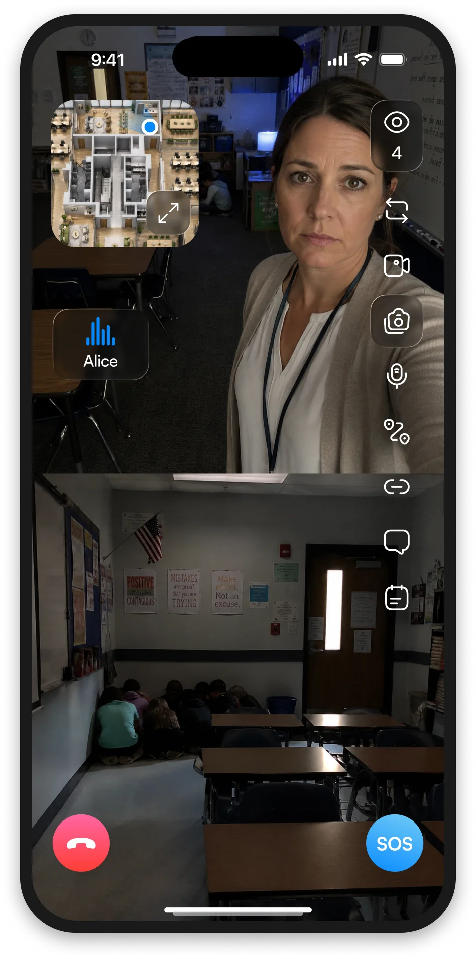 A teacher in lockdown streaming both cameras to responders, with her room pinned on the floor plan and SOS one tap away