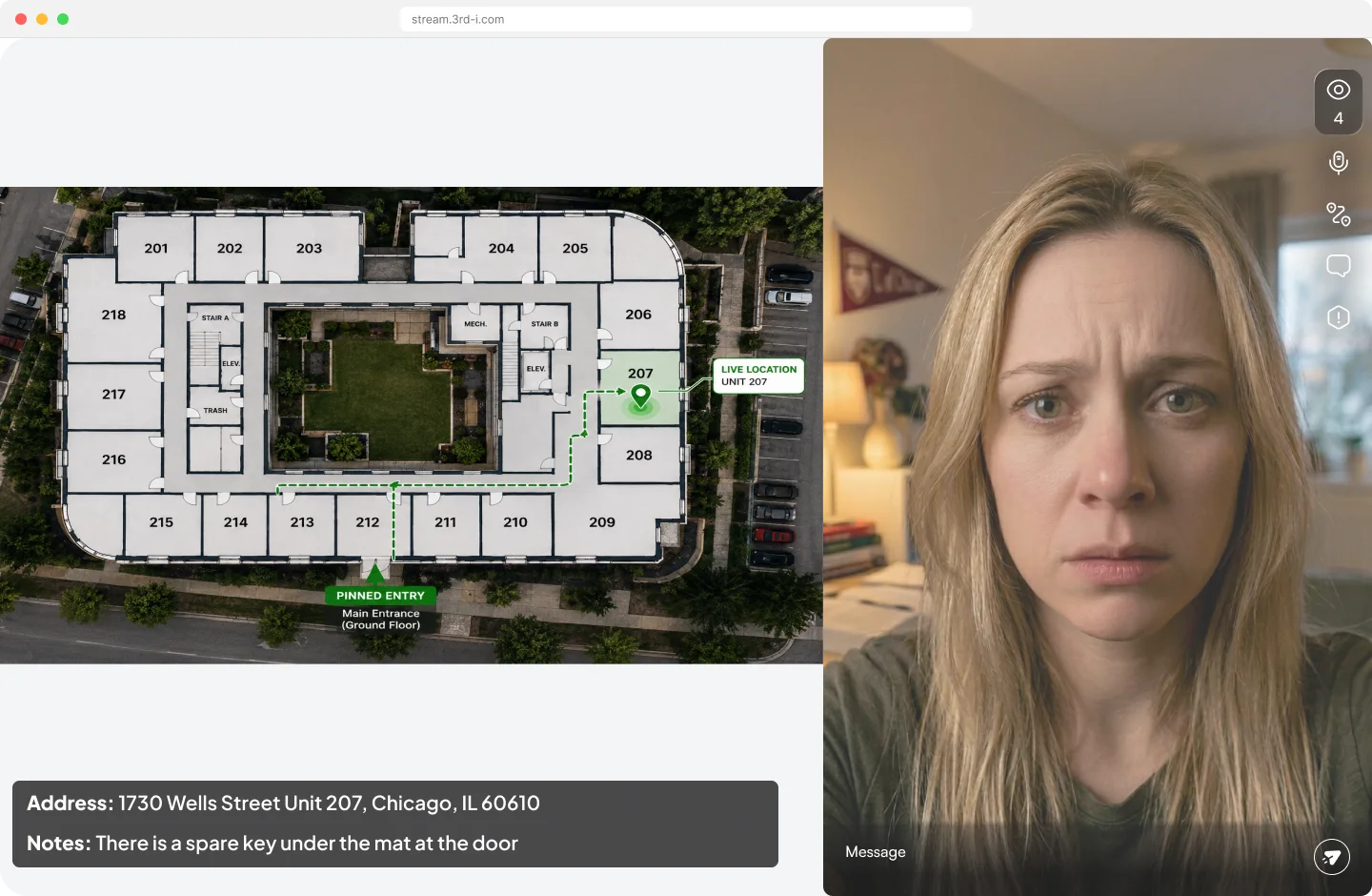 3rd-i interface pairing a live stream with an indoor floor plan, entrance pin and route to Unit 207