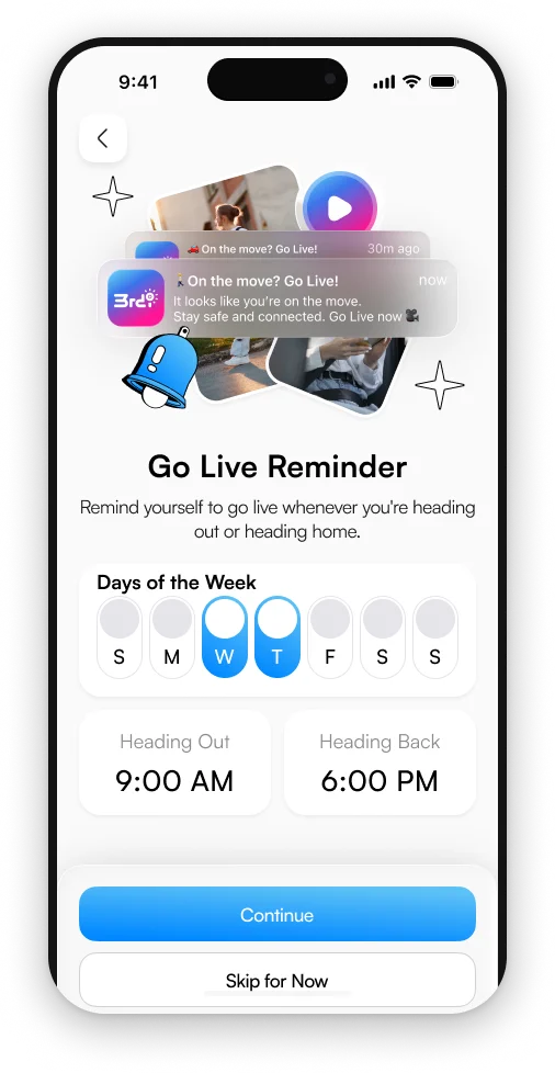 Go Live Reminder settings: days of the week with heading out and heading back times