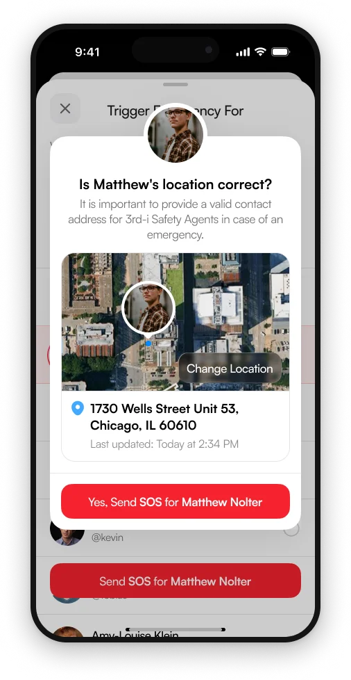 Confirming a friend's last known location on a satellite map, with a Change Location option, before sending the SOS