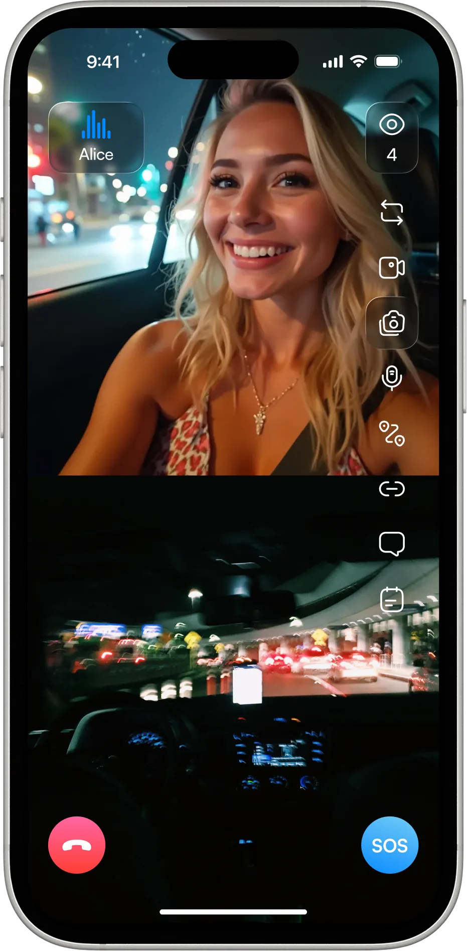 A live 3rd-i stream in dual camera mode: front and rear cameras at once, with viewers watching and SOS one tap away