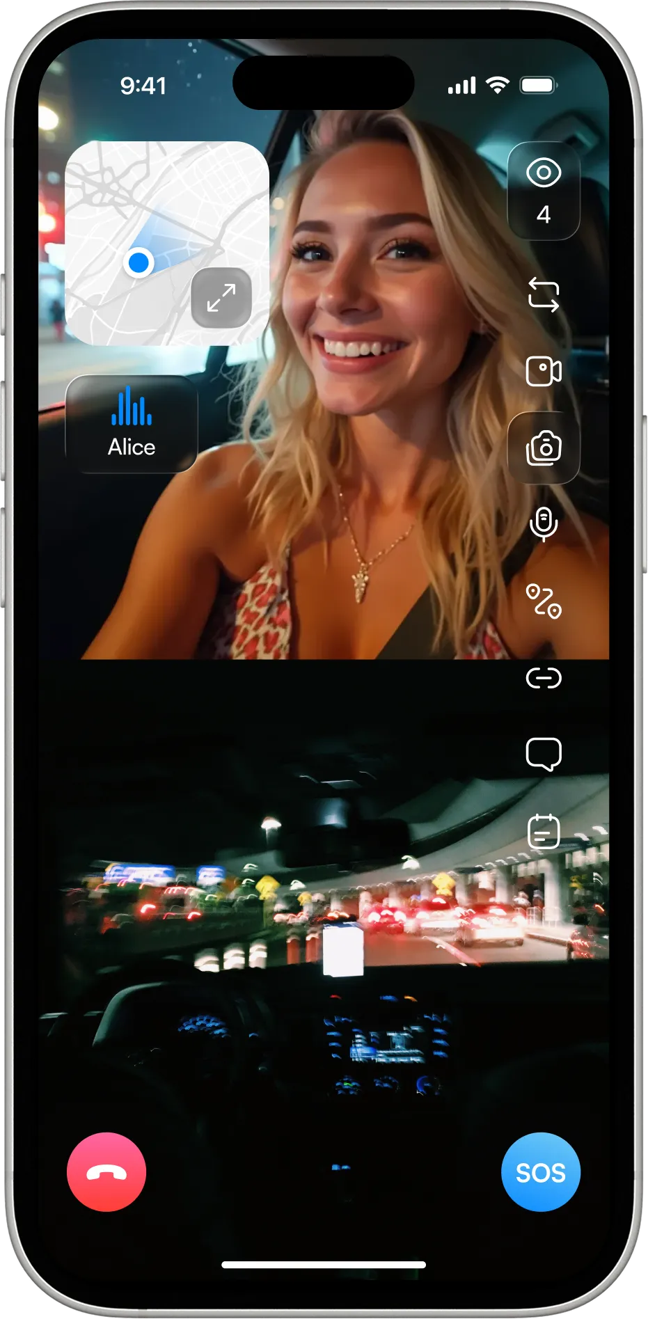 A live 3rd-i trip: the route on a floating map, the rider's camera above the road ahead, viewers counted, with SOS one tap away