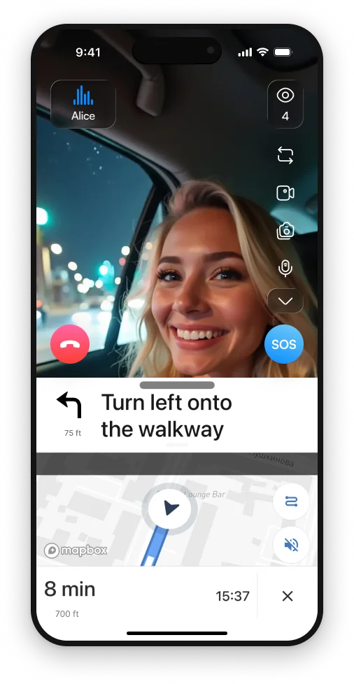 A live 3rd-i trip: the stream at the top, turn by turn navigation under it, the route on a live map, and the time left to home