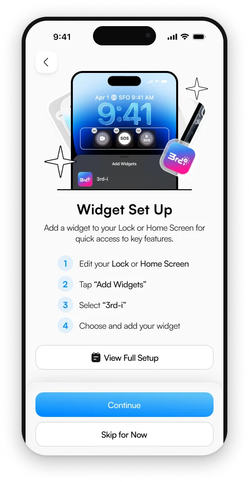 The Widget Set Up screen in 3rd-i, with the steps to add a widget to the Lock or Home Screen