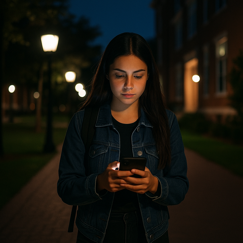 Girl walking down a street at night