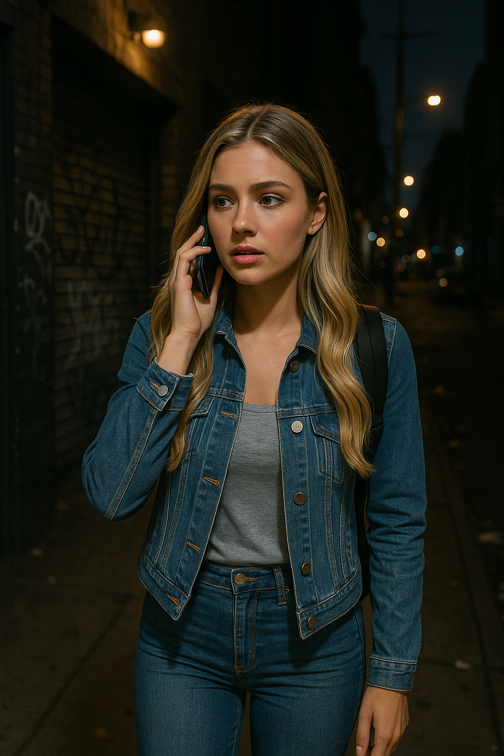 Person walking alone at night using their phone