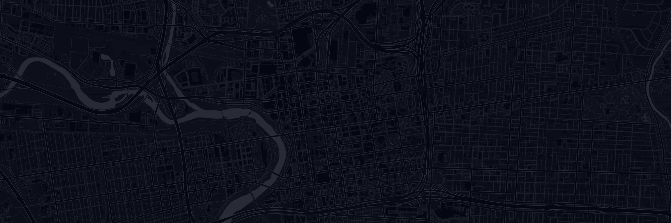 A dark street map of the covered area with four campus zones marked