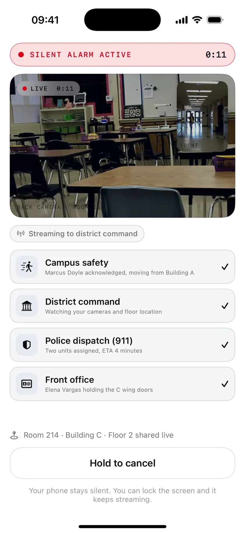 A silent alarm active: the phone streams both cameras while campus safety, district command and 911 acknowledge one by one