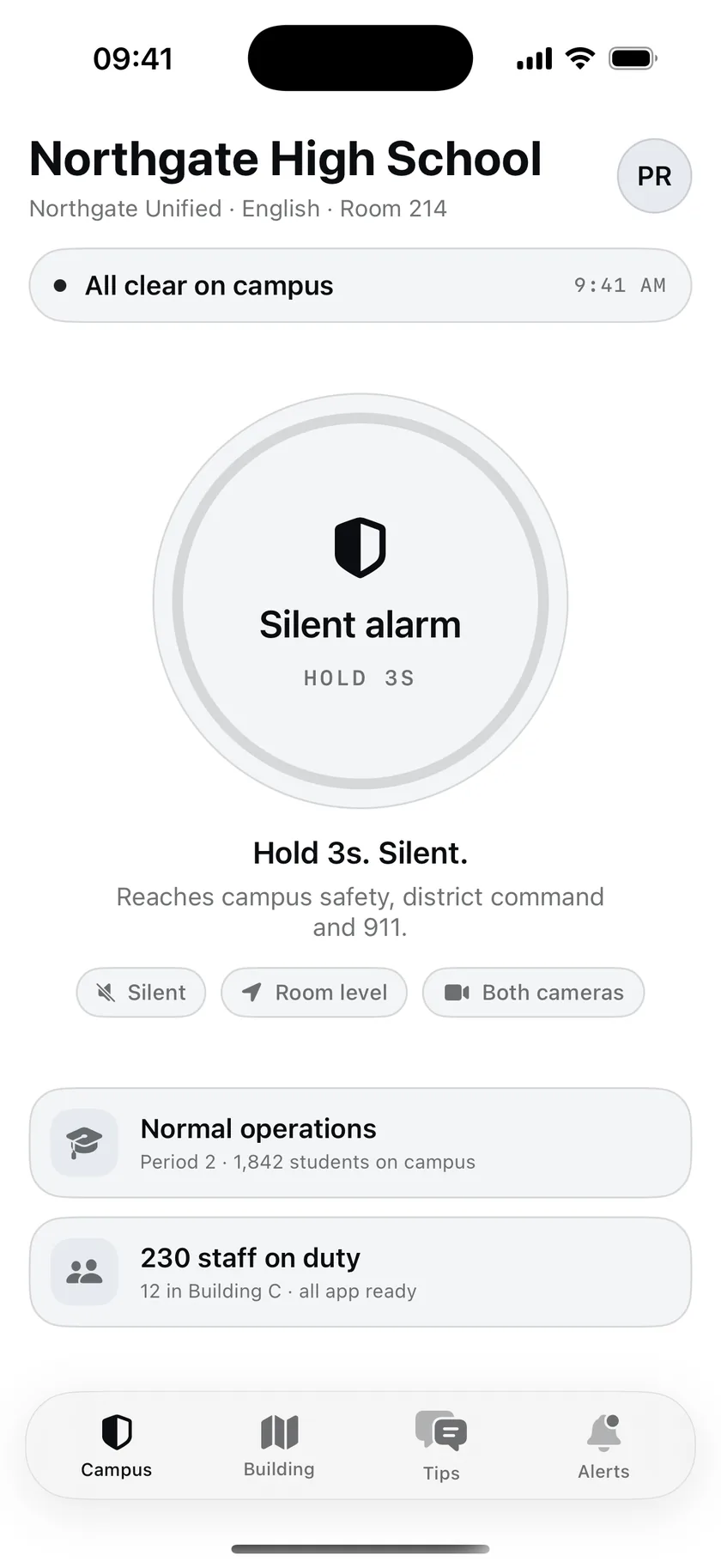 The campus home screen: hold the silent alarm for three seconds to reach campus safety, district command and 911