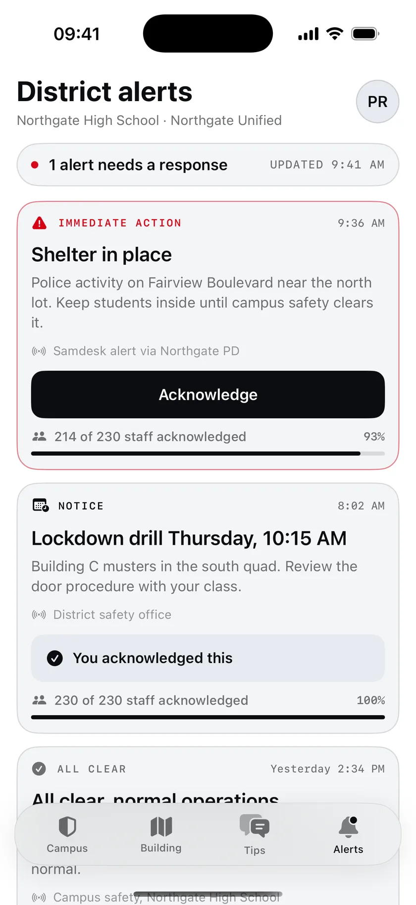 District alerts: a shelter-in-place order with one-tap acknowledge and a live count of staff who have seen it