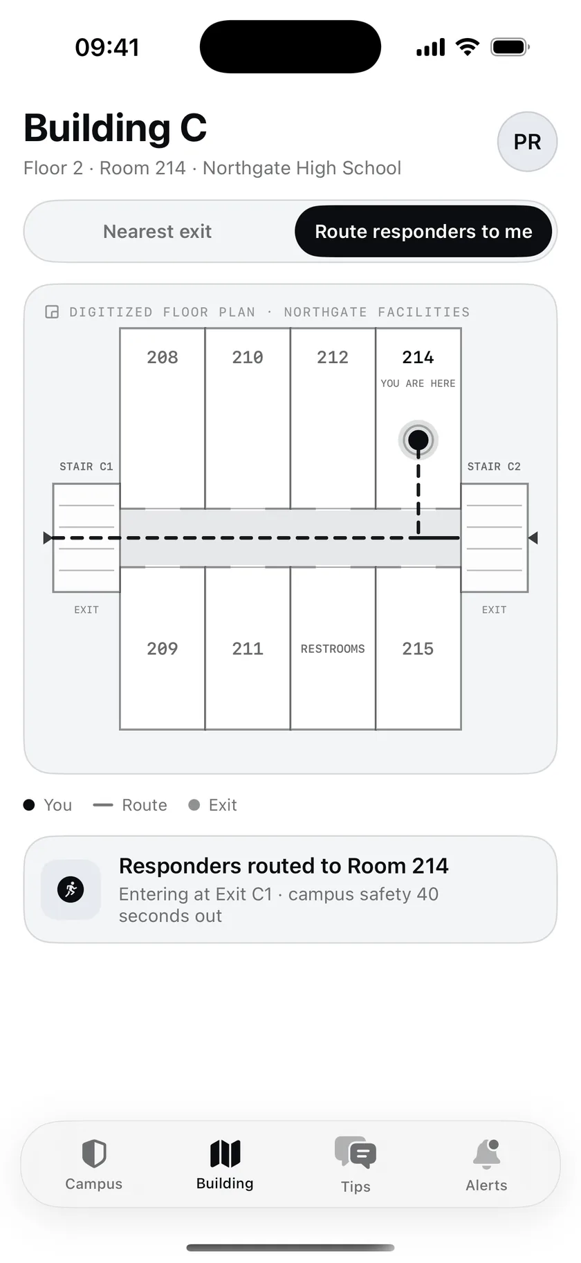 Responders routed through the digitized floor plan to Room 214