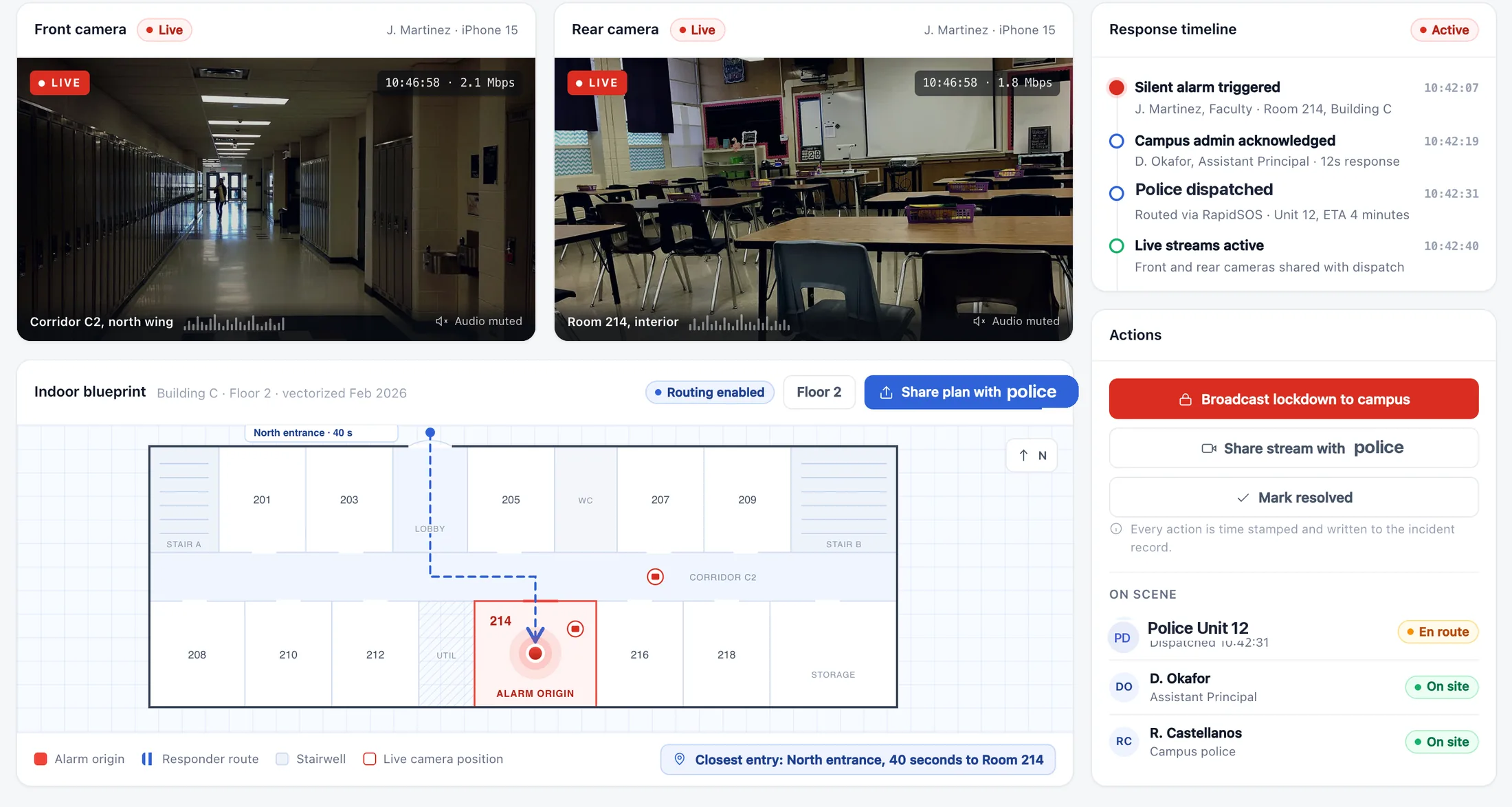 The 3rd-i Command emergency view: two live camera feeds, the alarm pinned on the indoor blueprint with responder routing, a response timeline and one-tap lockdown actions