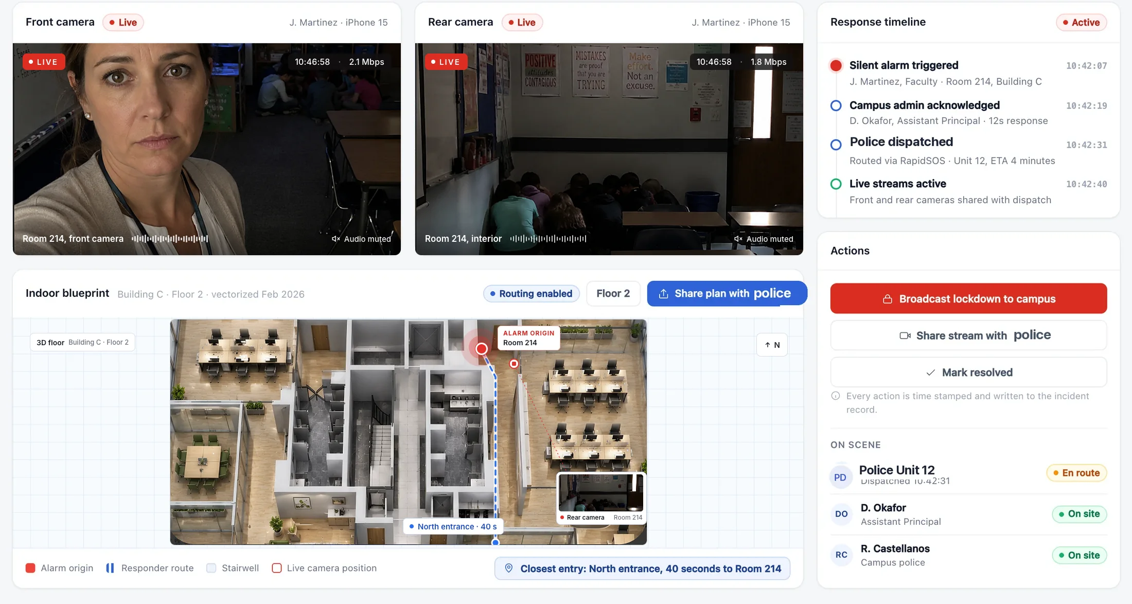 Illustrative Command response screen with camera views, an indoor plan and an incident timeline