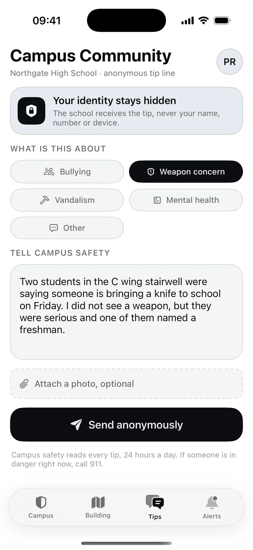 The anonymous tip line: pick a category, describe the concern, and send without your name, number or device attached